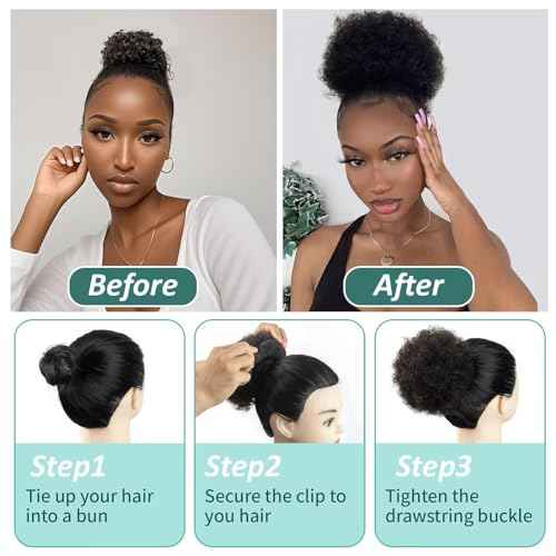 Afro Puff Clip On Human hair Drawstring Ponytail for Black Women,Ponytail Extension 8 Inch #1B Natural Black 60g Short Afro Kinkys Curly Afro Bun Extension Hairpiece