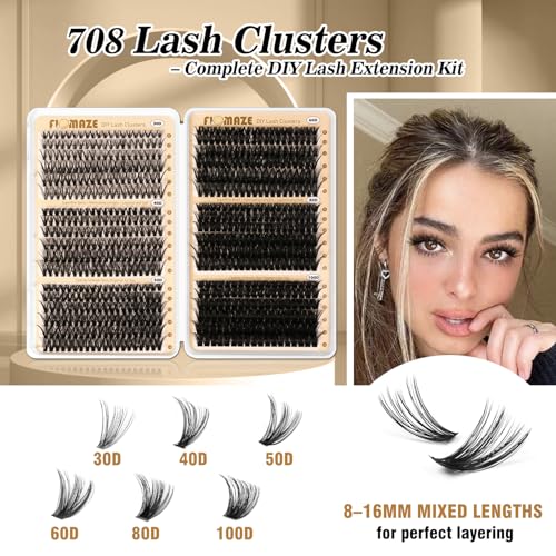 Lash Clusters Kit, 30D-100D Individual Lashes Kit, 708 pcs Lash Clusters Eyelash Extension Kit, 0.07mm Thickness Soft False Lashes with Lash Bond and Seal (30D/40D/50D/60D/80D/100D, 8-16mm)