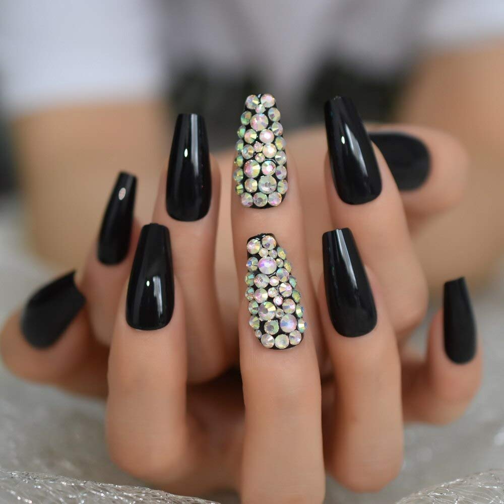 CoolNail Glossy Pure Black Coffin Stiletto False Nail Tips 3D AB Diamond Acrylic Ballerina UV Press On Fake Nails 1 Sheet Sticker Tape