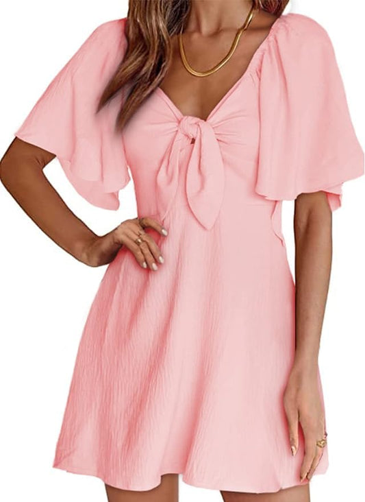 Dokotoo Pink Cute Summer Dresses for Women 2024 Fashion Fall Outfits Sexy V-Neck Drawstring Cap Sleeve Elegant Solid Color Flowy Short Mini Dress Pink