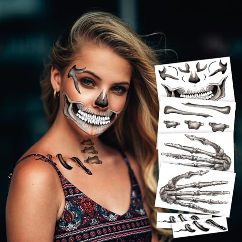 6-Pack Skull Temporary Tattoos – Halloween Skeleton Face Stickers