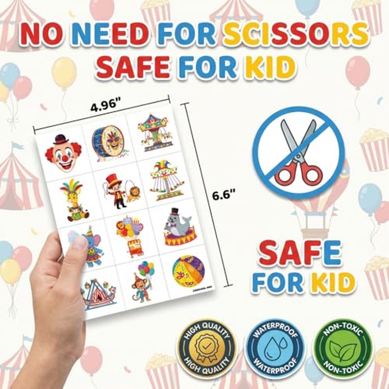 96 PCS Cute Carnival Pre-Cut Temporary Tattoos for Kids - Circus Designs for Clown Theme Parties, Birthday Supplies & Favors for Parties, Classroom Rewards Decoration, Gifts for Kids (Carnival 1)