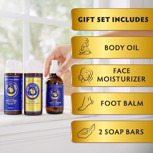 Ancient Greek Remedy Organic Spa Gift Set - Body Oil, Face Moisturizer, Foot Balm & 2 Soap Bars - Lavender Scented Skin Care Gift Basket for Women - Perfect for Christmas, Birthdays & Self Care