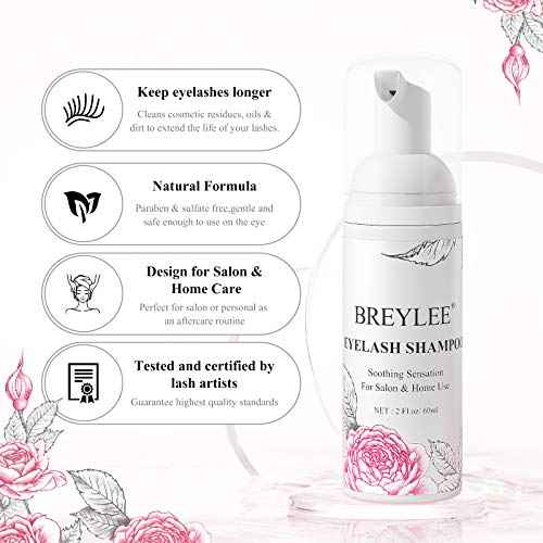 BREYLEE Eyelash Cleanser, Shampoo Foam & Brushes Eyelid Cleanser for Makeup Remover Paraben & Sulfate Free for Salon and Home Use(60ml, 2 fl oz)
