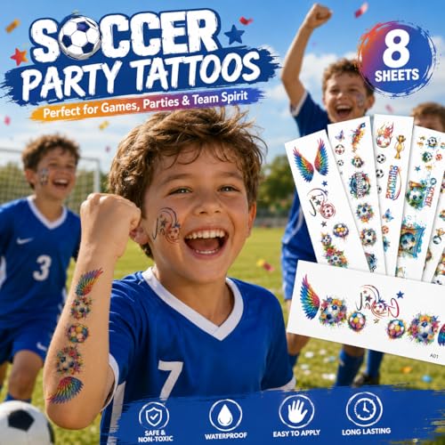 Soccer Party Tattoos - 12 Sheets Water Transfer Face Body Decals