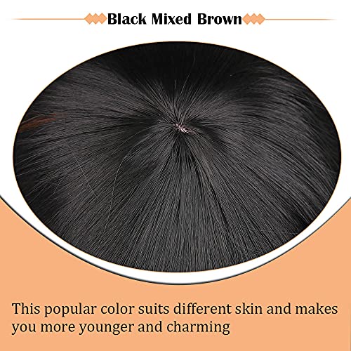 Ucubb Black Mixed Brown 14 Inch Short Wavy Curly Hair Wigs with Bangs - Shoulder Length Synthetic Heat Resistant Wigs for Black Women