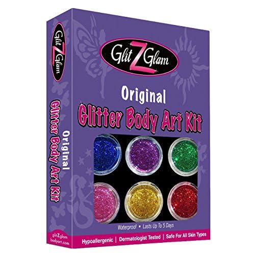 Original Glitter Tattoo Kit and Temporary Tattoos with 6 Large Glitter Pots, Body Adhesive, Stencils and 2 Cosmetic Brushes