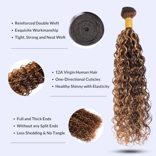Water Wave Human Hair Ombre Honey Blonde Curly Bundles, Glossy & Shed-free P4/27 Highlighted Wet And Wavy Human Hair Weave Brown Piano Color 12A 100% Virgin Hair Single Bundle 18 Inch