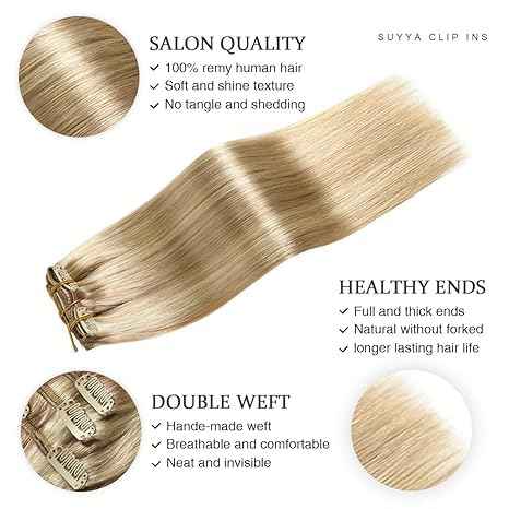 SUYYA Clip in Hair Extensions Real Human Hair 7 Pcs Human Hair Clip in Extensions Straight Remy Human Hair Extensions Clip ins for Women 12 Inch #P18/613 Ash Blonde Highlighted Bleach Blonde 70G
