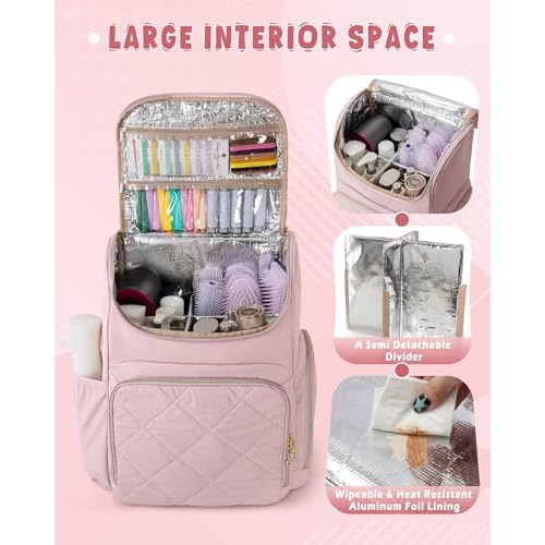 Insulated Hairstylist Travel Bag Backpack with Detachable Dividers and Multiple Pockets, Quilted Hair Tool Travel Bag with Multiple Pockets for Hairstylist and Barber, Pink