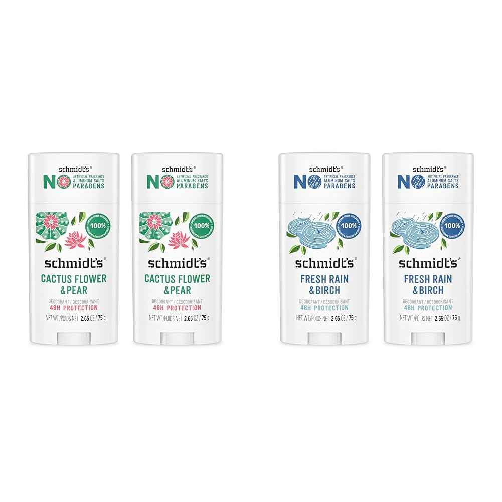 Schmidt's Aluminum-Free Vegan Deodorant Cactus Flower & Pear and Fresh Rain & Birch, 2 Count Each, 2.65 oz