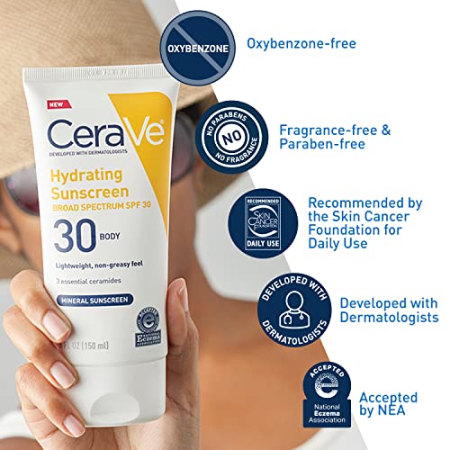 CeraVe 100% Mineral Sunscreen SPF 30 with Zinc Oxide & Titanium Dioxide,Hyaluronic Acid & Ceramides,Oil Free,Non-Greasy,Hydrating Mineral Sunscreen For Body,5 oz,(Pack of 2)