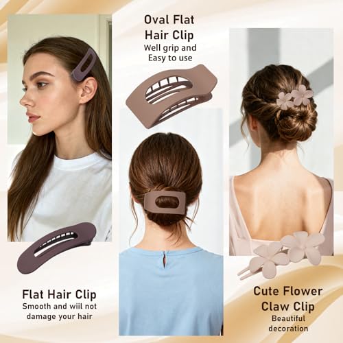 HQ-SITE Neutral Flat Hair Clips 12 Pack - Matte Square Claw & Flower Pins for Women