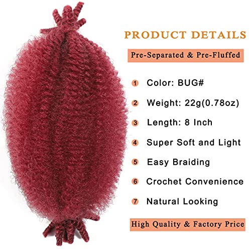 8 Packs Springy Afro Twist Hair 8 inch BUG, Pre Separated Kinky Marley Twist Braiding Hair Soft Synthetic Locs Crochet Hair Pre Fluffed Spring Twist Marley Hair Extensions for Black Women