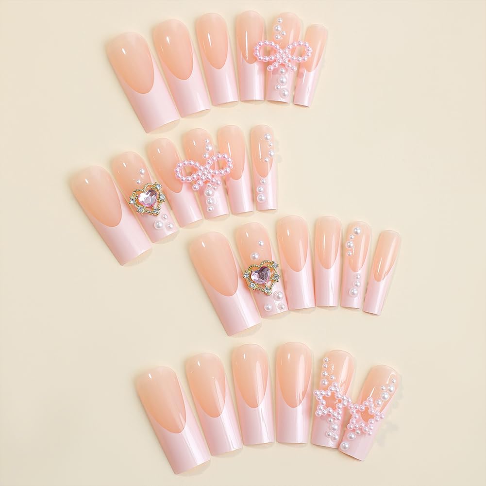 Long Press on Nails Pink French Tip Long Fake Nails Coffin Press on Nails Square False Nails with Pearl Bow Diamond Star Charm Design Acrylic Nails Press on Artificial Nails Stick on Nails For Women