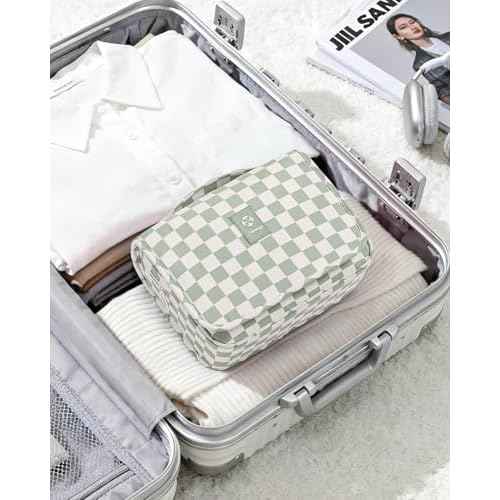 Narwey Small Hanging Travel Toiletry Bag for Traveling Women, Checkered Travel Bag for Toiletries, Makeup Bag Organizer Make Up Cosmetic Bags (Mint Green Checkerboard)