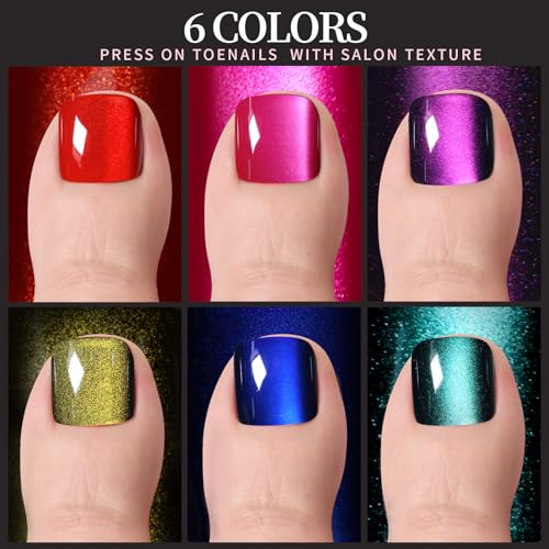 FANDAMEI Cat Eye Press-On Toenails Kit - 6 Bright Colors, Short Square Fake Nails for Women