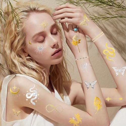 Konsait 9-Sheet Metallic Temporary Tattoos - Gold & Silver Designs