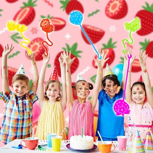 48PCS Strawberry Party Favors - 24PCS Berry First Temporary Tattoos & 24PCS Stick Hands - Perfect Birthday Supplies, Goodie Bag Stuffers, Treasure Box Toys, Classroom Prizes, and Student Gifts