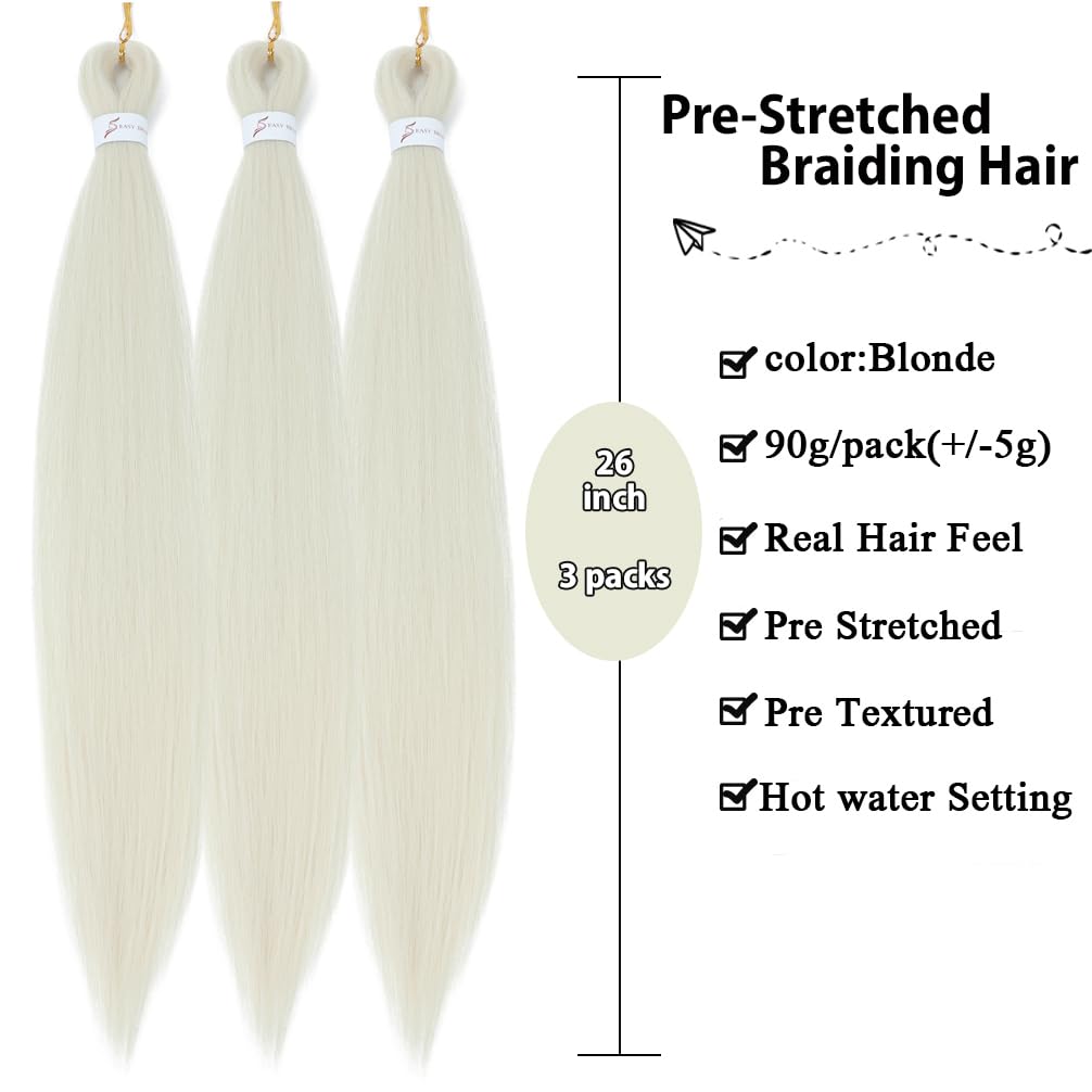 Blonde Pre Stretched EZ Braiding Hair Box Braids Soft Yaki Texture Braiding Hair Extension Human Hair 26 inch(3 Packs,613#)