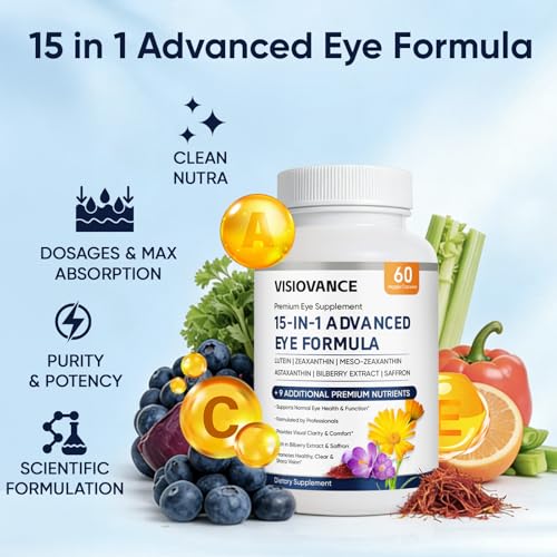 VisioVance 15 in 1 Advanced Eye Formula - Eye Vitamins with Lutein & Bilberry, 60 Count
