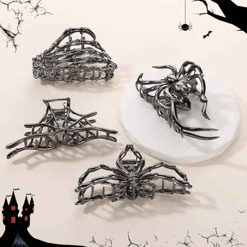 Obeoby 4 Pcs Metal Hair Clips for Women, Large Hair Claw Clips for Thick Long Hair Styling with Spider Webs Skeleton Decor, Goth Accessories Stocking Stuffers Halloween Christmas Gifts (Black)