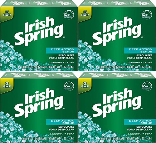 Irish Spring Deodorant Bath Bar Soap, Deep Action Scrub, with Scrubbing Beads, 3.75 Ounce Each, 3 Bar Pack (Pack of 4) 12 Bars Total