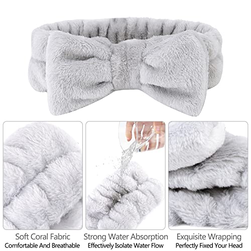 Casoty 6 Pcs Grey Spa Headband, Bow Hair Band, Soft Coral Fleece Makeup Headband, Hair Band for Washing Face, Skincare Headbands for Face Washing Shower Skin Care Yoga