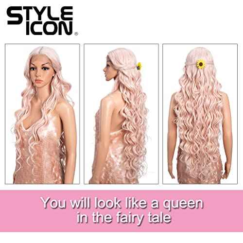 Style Icon 36" Lace Front Wigs Super Long Big Curl Pink Wigs With Baby Hair 130% Density Heat Resistant Fiber Synthetic Wig (36 Inch, PINK27)