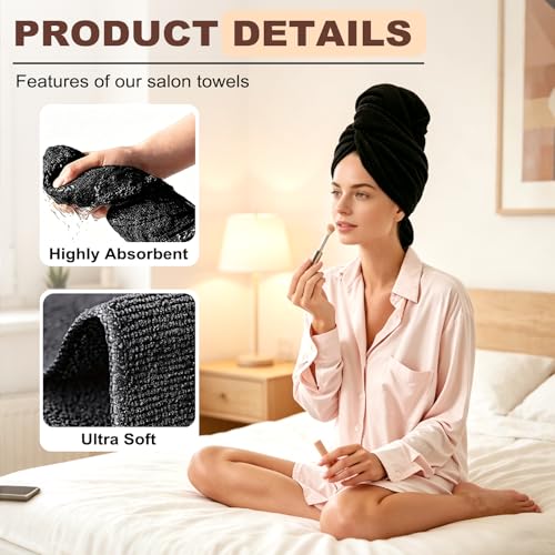 Puomue Black Microfiber Salon Towels - 6 Pack, 27x16 inch