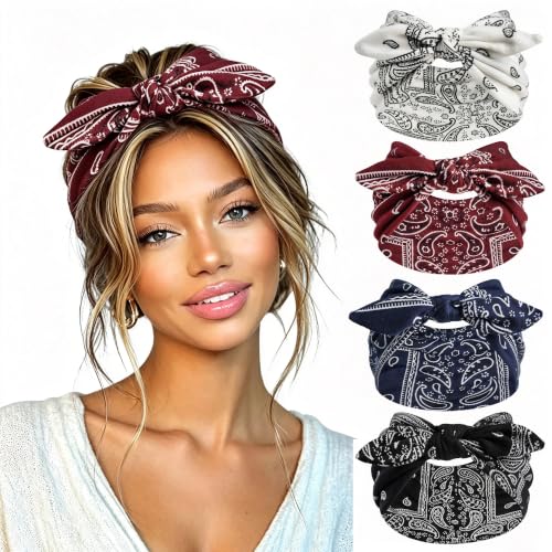 FULZTEY Wide Bow Headbands for Women - 4PC Paisley Print Set