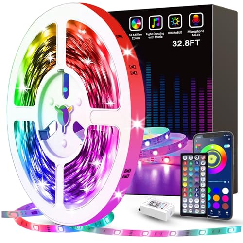 Tenmiro 32.8ft LED Strip Lights, RGB LED Smart Music Sync Color Changing LED Lights Strips with Remote LED Lights for Bedroom, Room, TV, Party