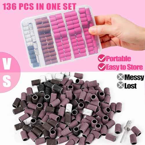Nail Drill Bits, 135 Pcs Sanding Bands for Nail Drill, Nail Tips for Drill Bits Nail Tech, Mix 80#120#180#240# Fine Grit File Sanding Bands for Acrylic Gel Manicures Pedicure
