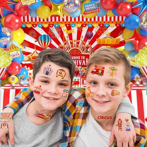 50 PCS Carnival Circus Temporary Tattoos for Kids, Circus Themed Tattoos for Birthday Party Supplies Funny Clown Tattoo Stickers for Kids Boys Girls Party Bag Filler
