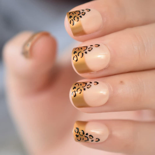 Leopard Pattern Gold Glitter Press On Nails Short Squoval False Nails Women Girls Nail Art Full Cover Reusable Fingernails Datechable Acrylic Manicure For Daily Dating Office Home Party (24pcs)