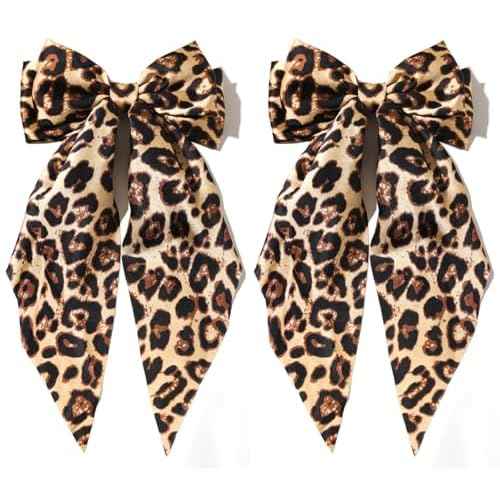 Furling Pompoms Hair Bows for Women Big Bow Hair Clips for Girls Long tail Hair Ribbon Satin Leopard Hair Bow Barrette Cute Hair Accessories Gifts, Pack of 2 (Camel)