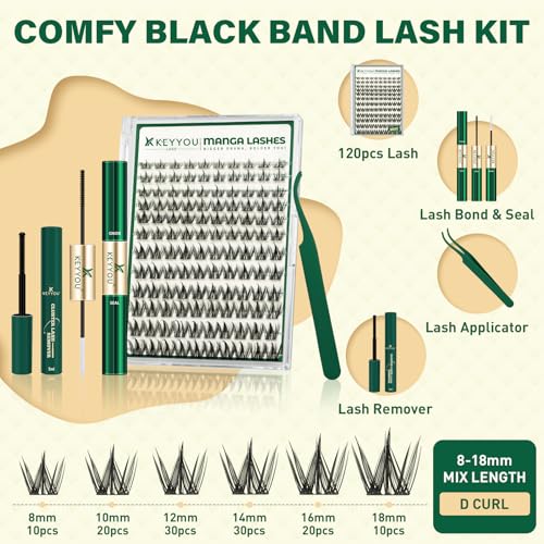 KEYYOULASH Manga Lash Clusters Kit 8-18mm Eyelash Clusters Kit DIY Lash Extension Kit Natural Fairy Cluster Lashes with Lash Bond Seal Remover Applicator Soft Thin Band(MG03)