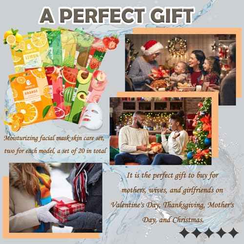 20 Combo Face Sheet Masks Skincare Set,Moisturizing Face Mask Skin Care Kit,Hydrating Facial Mask Gift Set for Women,Mom,Men,Wife & Girlfriends