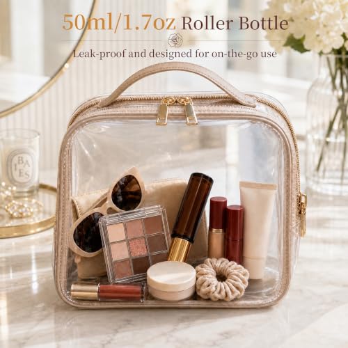 Pink Rose Quartz Roller Bottle 50ml Refillable Amber Glass Travel Perfume with Leak-Proof Cap