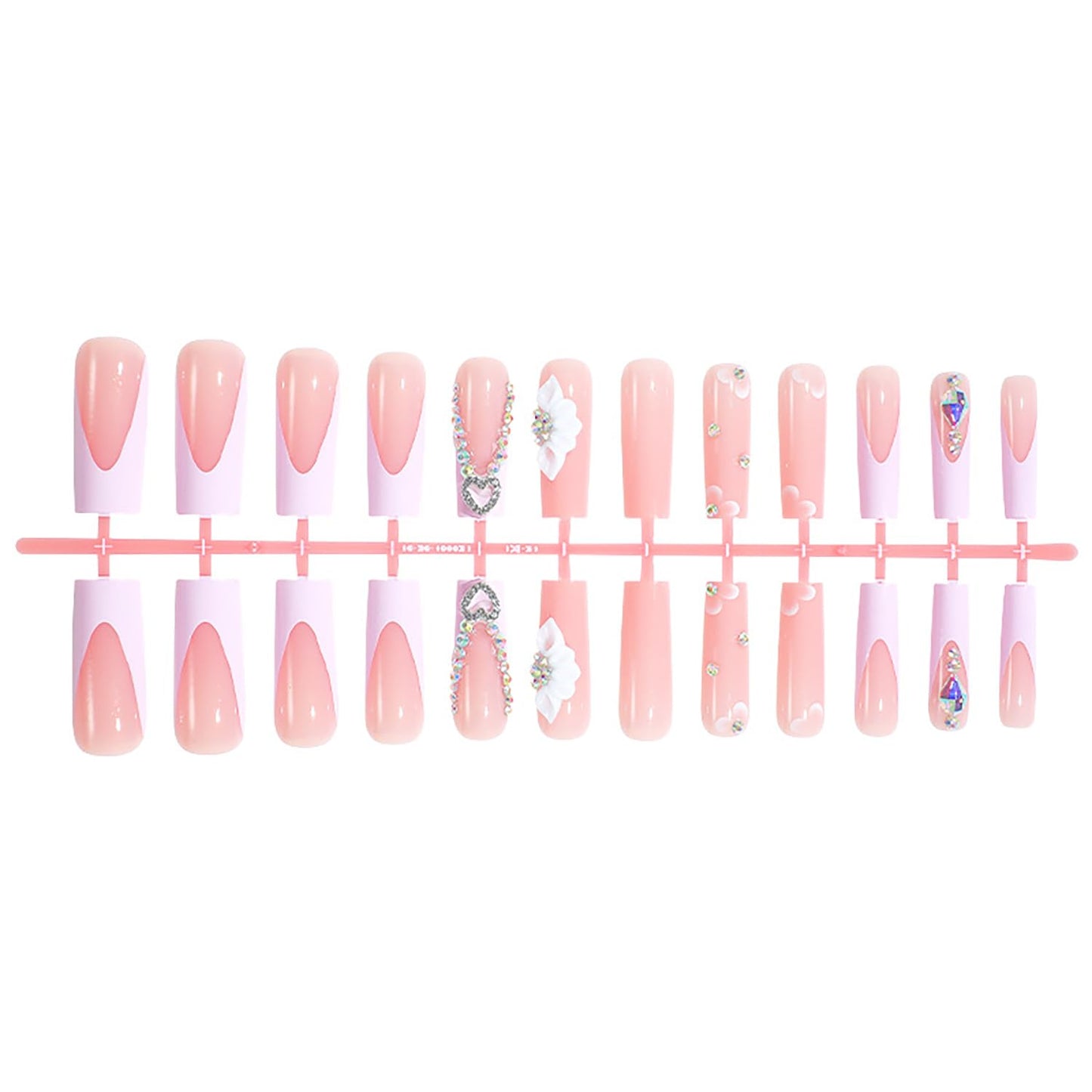 24 Pcs Long Square Press on Nails Fake Nails Pink Full Cover Stick on Nails with Floral Rhinestone Designs Glossy False Nails 3D Nail Charms French Tip Nails for Women Girls