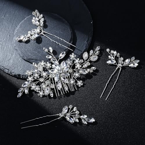 Silver Crystal Bridal Hair Comb & Hairpin Set