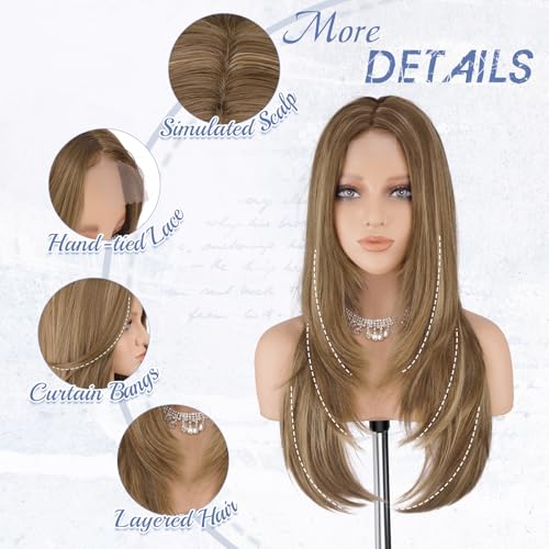 Haloo Brown Blonde Wig with Curtain Bangs - Lace Front 24 Inch