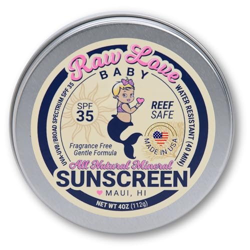 Raw Love Baby Sunscreen 0-6 Months & Up | Babies, Infant, Toddler, Kids Natural Mineral Sunscreen | Sensitive Skin, Fragrance Free Zinc Oxide SPF 35+ | No Chemicals, Reef Safe, Water Resistant | 4 Oz