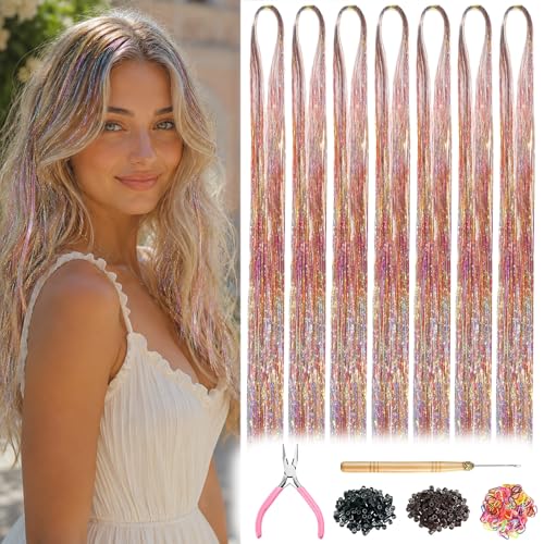 Amztulip Gold-Silver-Pink Hair Tinsel Kit with Tools, Glitter Extensions for Girls, 7 Pack