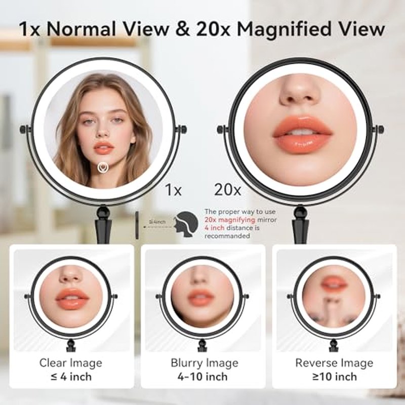 GURUN 8-inch Makeup Mirror with Lights, 1X/20X Magnification Mirror, 3 Color LED Lighting Dual-Sided Vanity Mirror, Touch Control, Ideal Gift for Women M2310D(8in,20X)