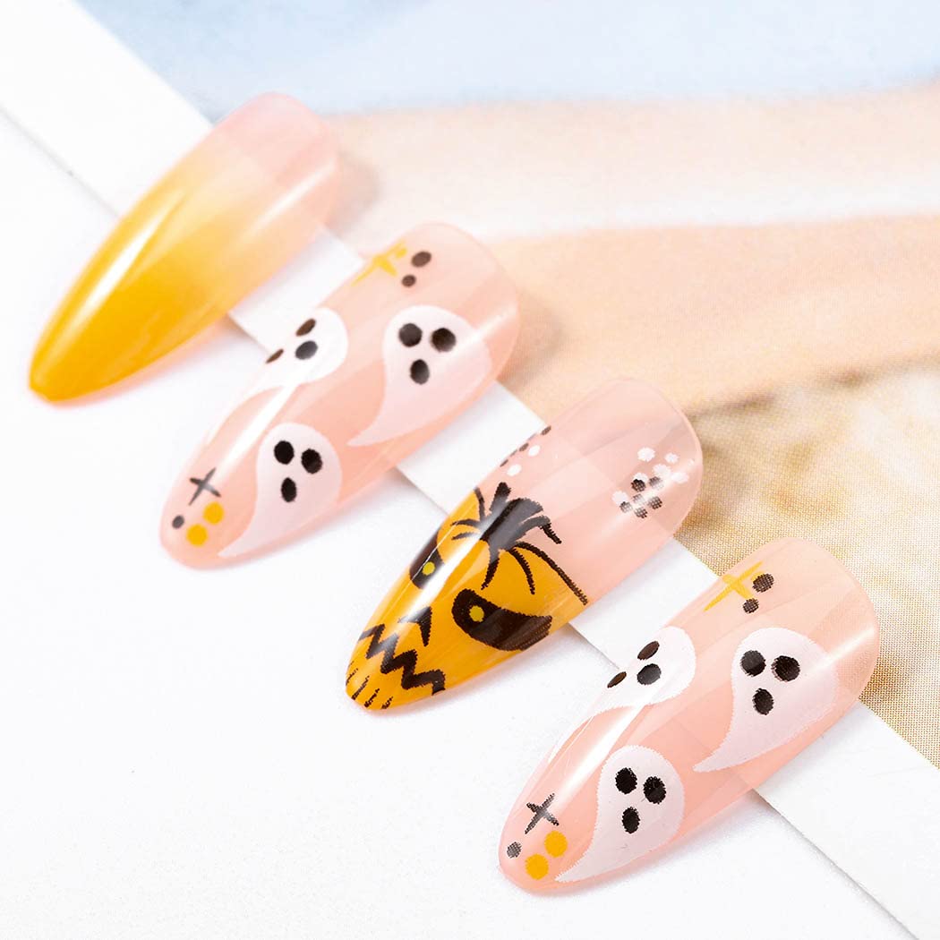 Outyua Stiletto Halloween Long Press on Nails with Design Horror Acrylic Fake Nails Ballerina False Nails Designer Full Cover Nails 24Pcs for Women and Girls (Orange Pumpkin)