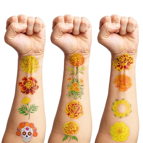 100 PCS Marigold Flower Temporary Tattoos | Day of Dead