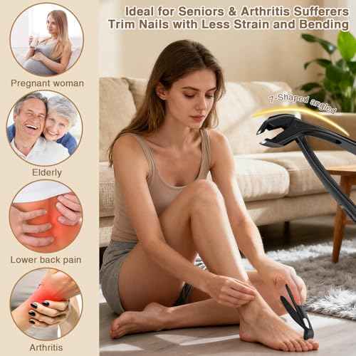 Toenail Clippers for Thick Toenails 6Pcs, Long Handle Nail Clippers for Seniors Angled Head with Catcher, 45¡Æ Slanted Toe Nail Clippers Curved Blade, Ergonomic Wide Jaw Opening Heavy Duty