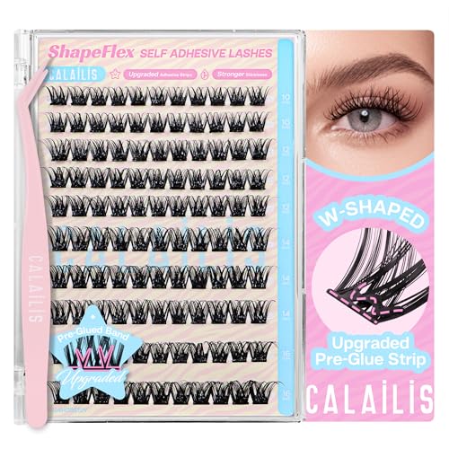 CALAILIS Self Adhesive Eyelashes 66Pcs D Curl Press on Lashes Pre Glued Eyelash Clusters No Glue Needed Lash Clusters Reusable Glueless DIY CLuster Lashes Kit with Tweezers for Beginners (ZN05)