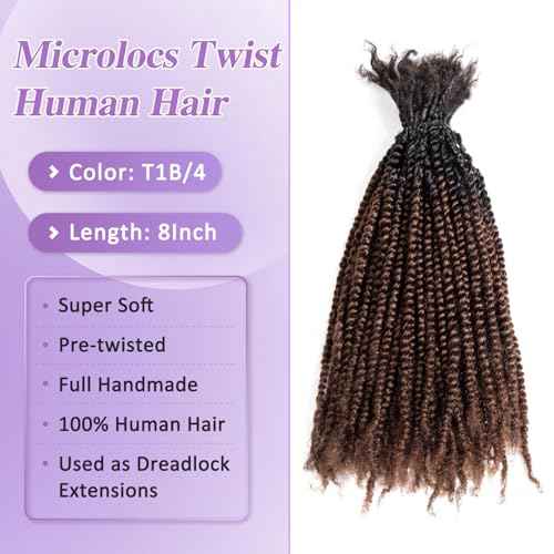Teresa 8 Inch Microlocs Human Hair Extension - Curly Ends, Full Handmade Dreadlocks Twist for Women (T1B/4, 8 Inch 30 Strands)